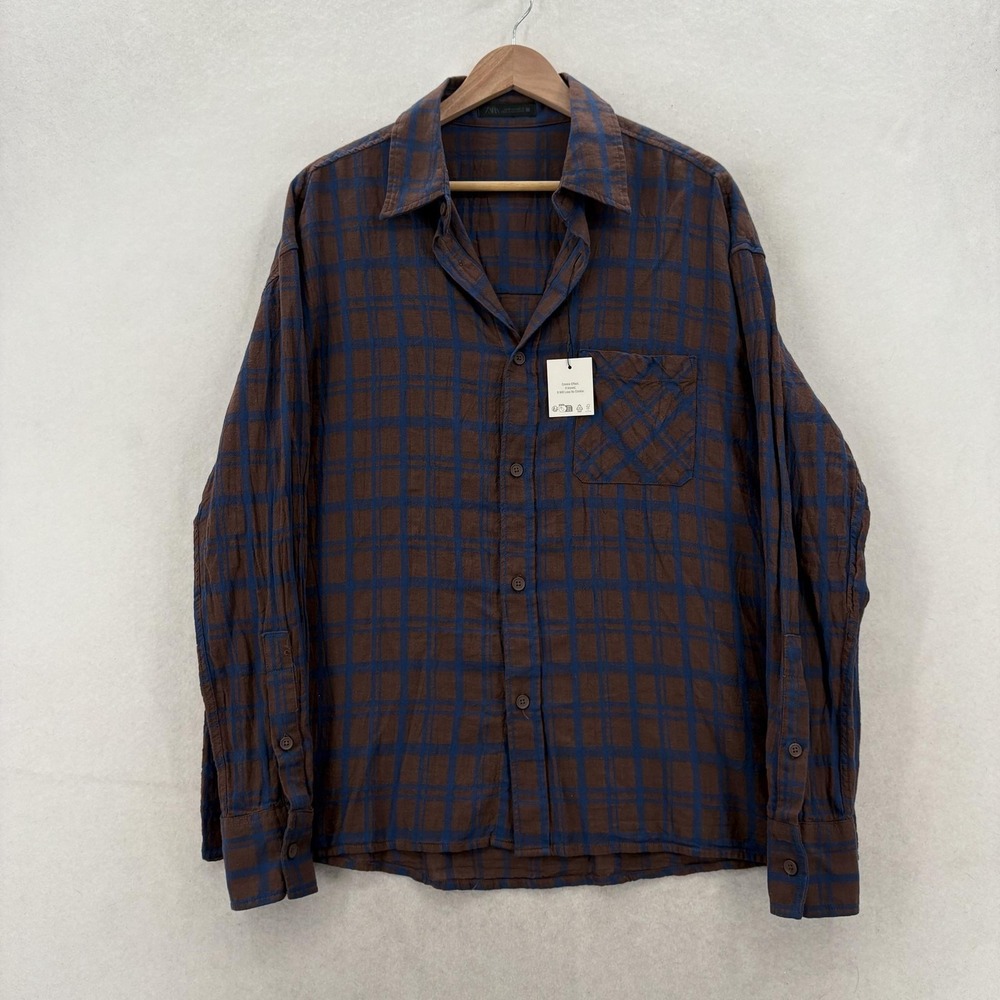 Zara Shirt Mens Medium Brown Plaid Long Sleeve Crinkle Cotton Linen Button Up